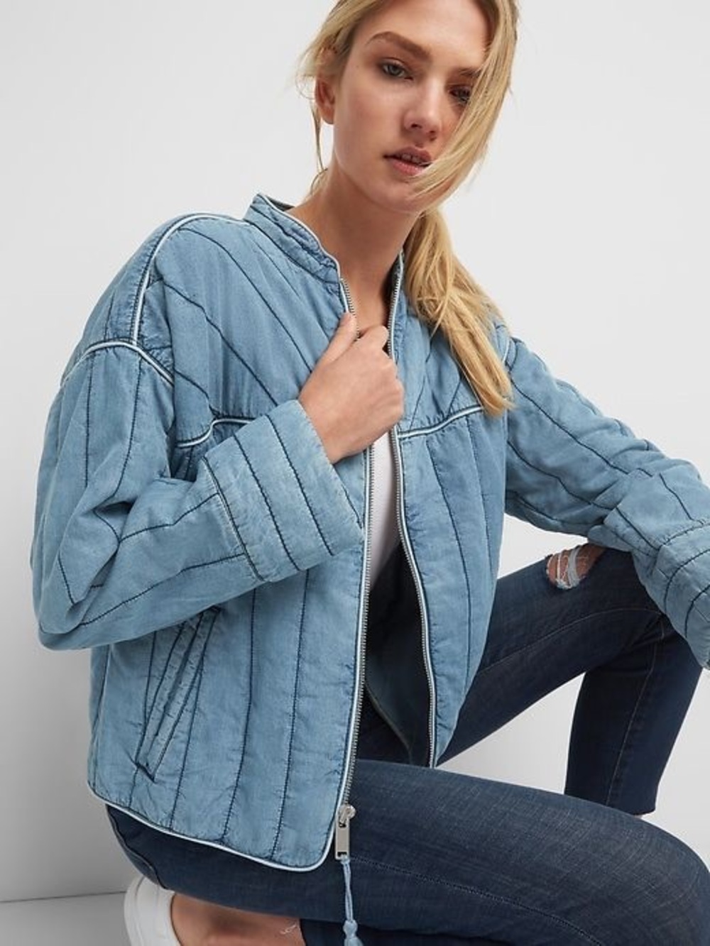GAP Quilted Denim Indigo Zipper Jacket with Floral Lining